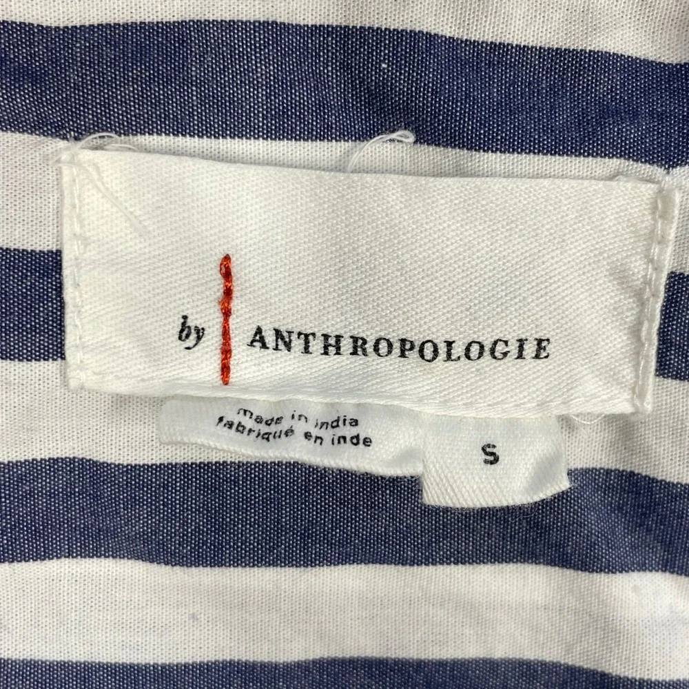 Anthropologie Navy White Striped Puff Sleeve Split Neck Blouse Womens Small